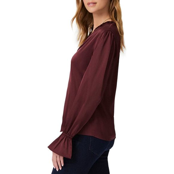 PAIGE NWT Dusty Cherrywood Laurin Satin Frilled Ruffled Long Sleeve Blouse XS - Picture 4 of 9